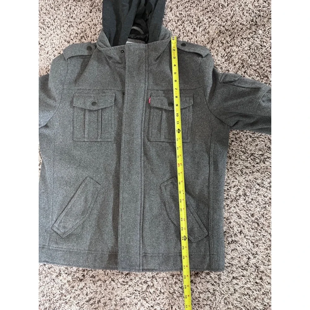 Levis Mens Gray Wool Blend Hooded Military Field Jacket Size M Epaulets Quilted